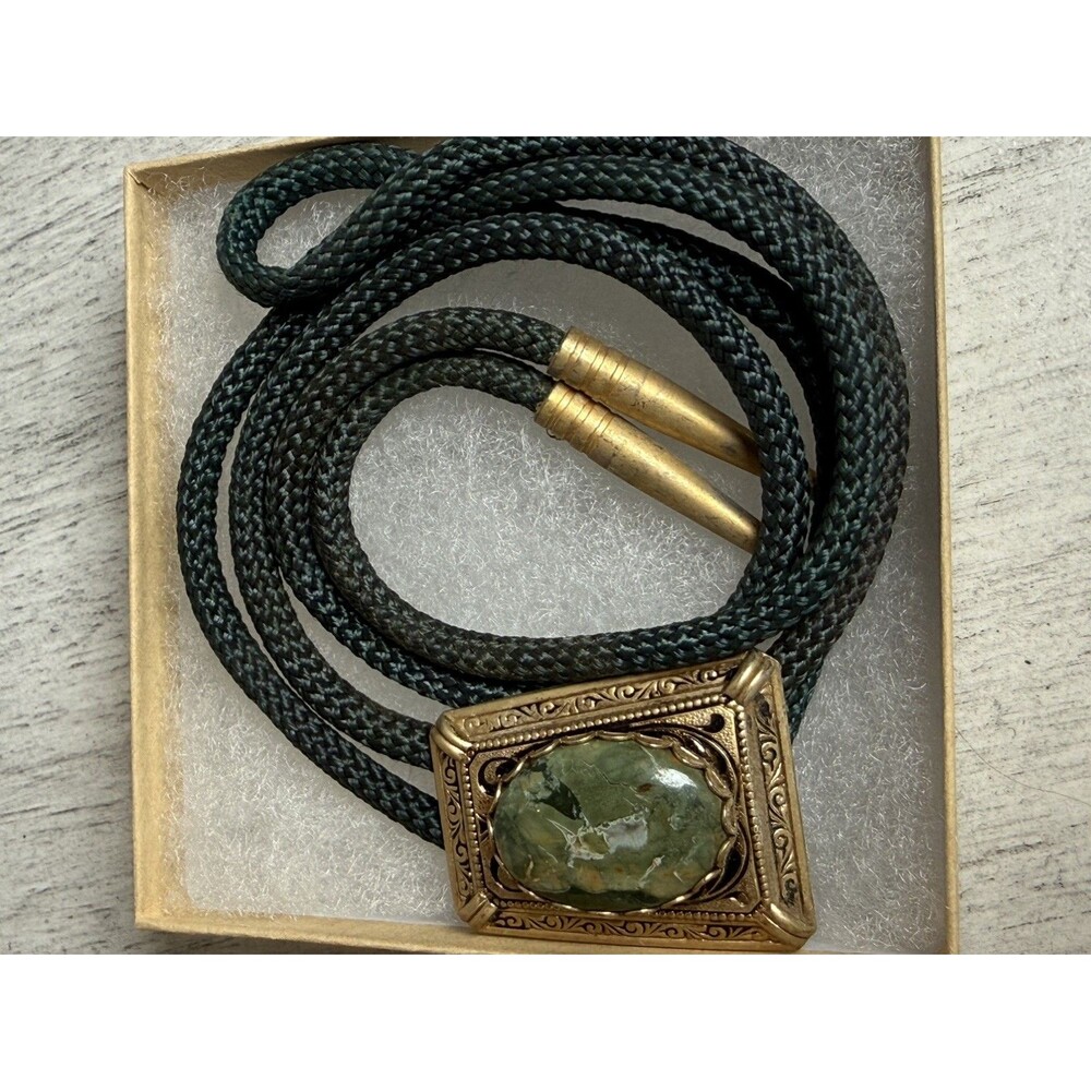 Western Marbled Green Stone Bolo Tie Ornate Gold Tone Slide Dark Braided Cord